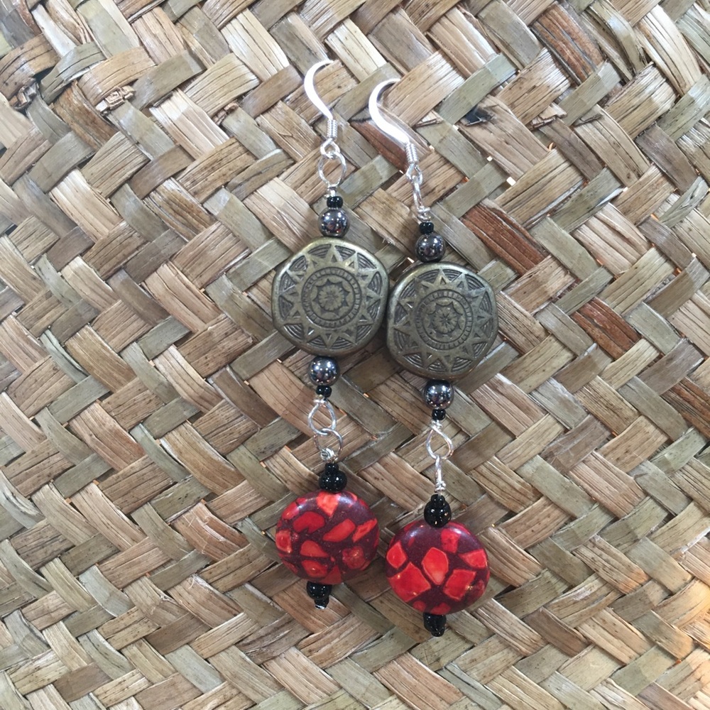 Coral Disc and Sun Beads Earrings